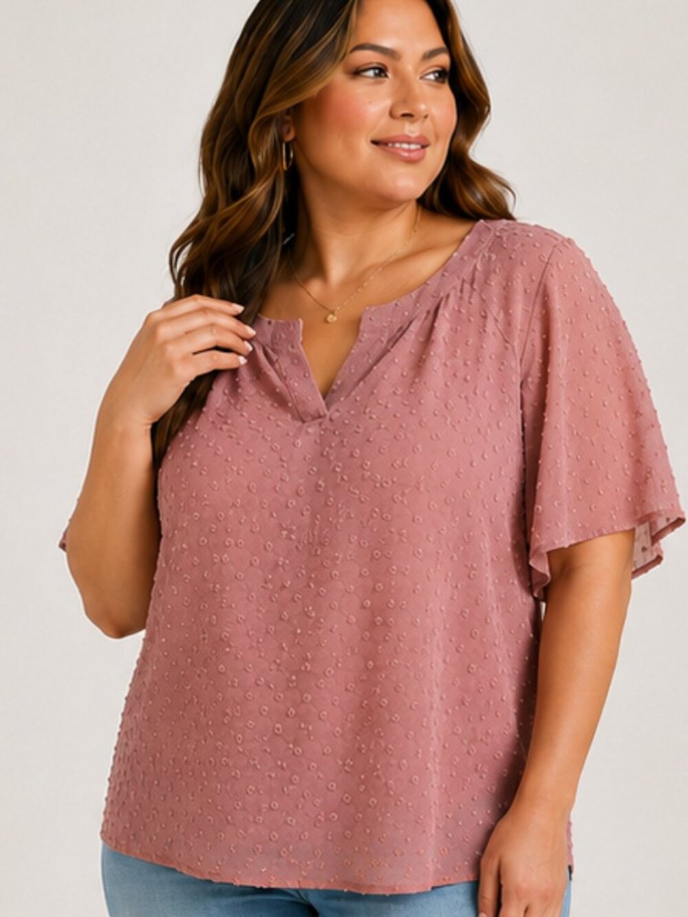 Agnes Orinda Swiss Dot Notched V Neck Blouse Pink 5X NWT